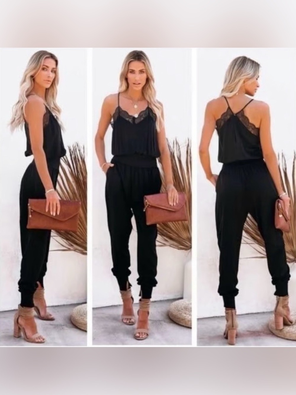 Vici Black Lace-Trim Jogger Jumpsuit